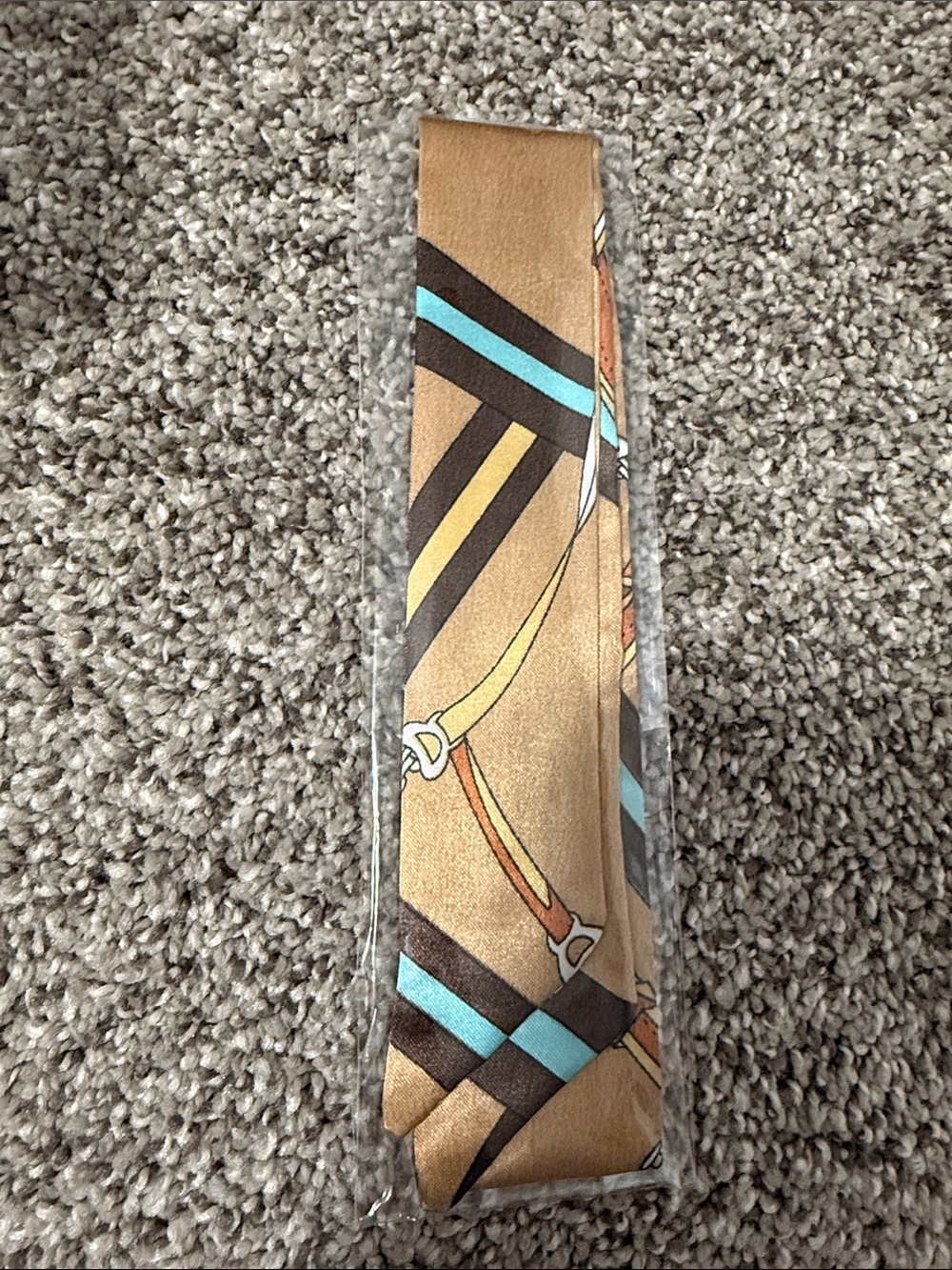 Tan Skinny Scarf with Turquoise & Orange Strap Print